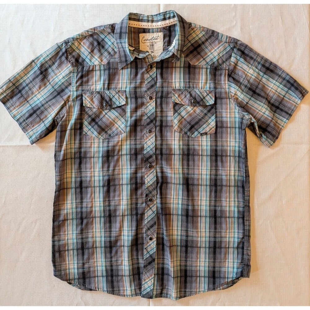 Coastal Snap Button Up Plaid Western Short Sleeve Shirt Grey/Teal Mens Size L